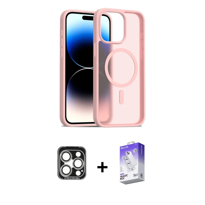 MARSİLYAN™- iPhone 15 Pro Max Kılıf Siluet Minimal Prime - Siyah Bilvis 5in1 3D Magic Cam Ekran Koruyucu + PVD Metal Kamera Lens - GS