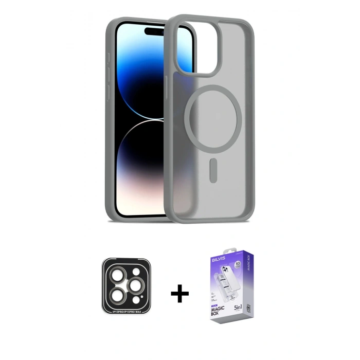 MARSİLYAN™- iPhone 15 Pro Max Kılıf Siluet Minimal Prime - Siyah Bilvis 5in1 3D Magic Cam Ekran Koruyucu + PVD Metal Kamera Lens - GI