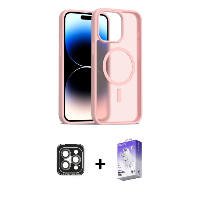 MARSİLYAN™- iPhone 15 Pro Max Kılıf Siluet Minimal Prime - Siyah Bilvis 5in1 3D Magic Cam Ekran Koruyucu + PVD Metal Kamera Lens - GI