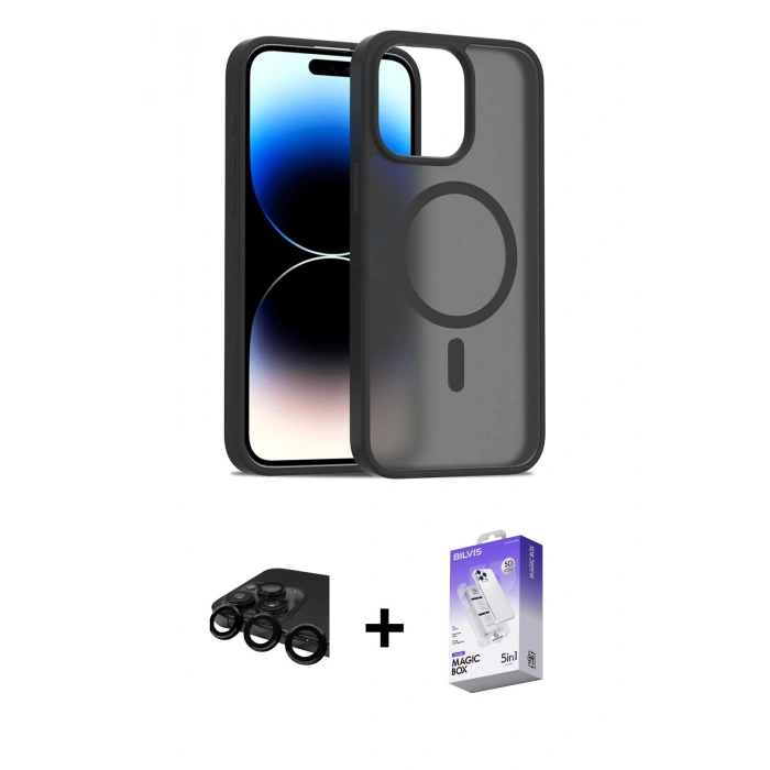 MARSİLYAN™- iPhone 15 Pro Max Kılıf Siluet Minimal Prime - Siyah Bilvis 5in1 3D Magic Cam Ekran Koruyucu + Raze Metal Kamera Lens - SH