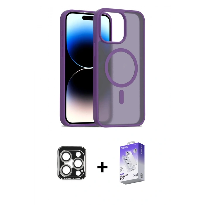 MARSİLYAN™- iPhone 15 Pro Max Kılıf Siluet Minimal Prime - Siyah Bilvis 5in1 3D Magic Cam Ekran Koruyucu + PVD Metal Kamera Lens - GS