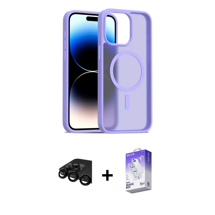 MARSİLYAN™- iPhone 15 Pro Max Kılıf Siluet Minimal Prime - Siyah Bilvis 5in1 3D Magic Cam Ekran Koruyucu + Raze Metal Kamera Lens - SH