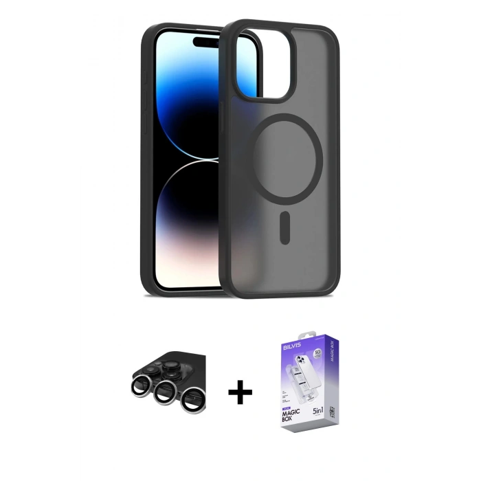 MARSİLYAN™- iPhone 15 Pro Max Kılıf Siluet Minimal Prime - Siyah Bilvis 5in1 3D Magic Cam Ekran Koruyucu + Gümüş Raze Metal Kamera Lens