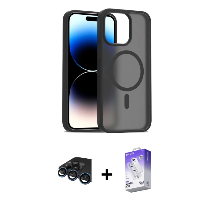 MARSİLYAN™- iPhone 15 Pro Max Kılıf Siluet Minimal Prime - Siyah Bilvis 5in1 3D Magic Cam Ekran Koruyucu + Raze Metal Kamera Lens - LT