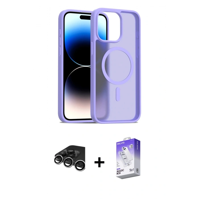 MARSİLYAN™- iPhone 15 Pro Max Kılıf Siluet Minimal Prime - Siyah Bilvis 5in1 3D Magic Cam Ekran Koruyucu + Gümüş Raze Metal Kamera Lens