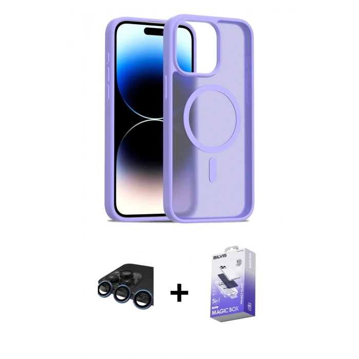 MARSİLYAN™- iPhone 15 Pro Max Kılıf Siluet Minimal Prime - Siyah Bilvis 5in1 5D Magic Hayalet Cam Ekran Koruyucu + Lacivert Raze Metal Kamera Lens