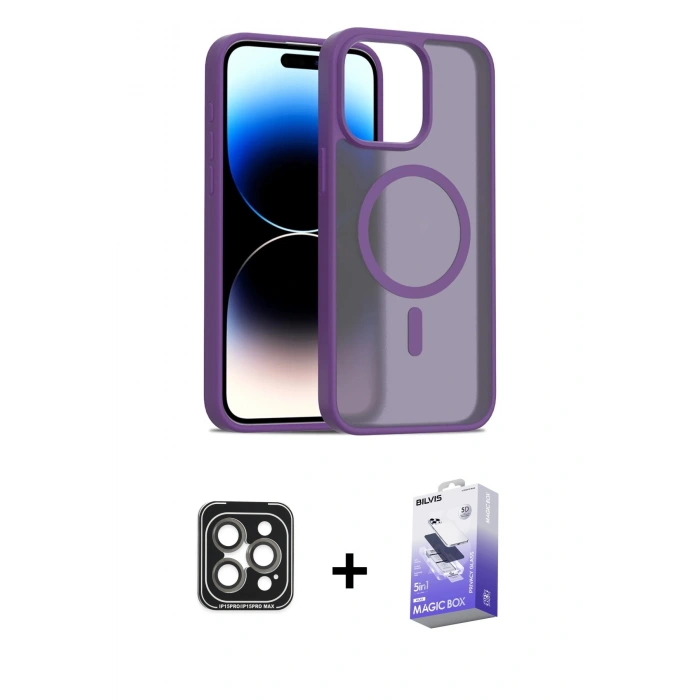 MARSİLYAN™- iPhone 15 Pro Max Kılıf Siluet Minimal Prime - Siyah Bilvis 5in1 5D Magic Hayalet Cam Ekran Koruyucu + PVD Metal Kamera Lens - GI