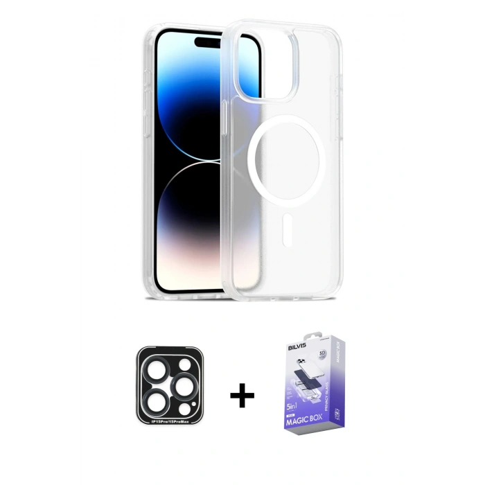 MARSİLYAN™- iPhone 15 Pro Max Kılıf Siluet Minimal Prime - Siyah Bilvis 5in1 5D Magic Hayalet Cam Ekran Koruyucu + PVD Metal Kamera Lens - LT