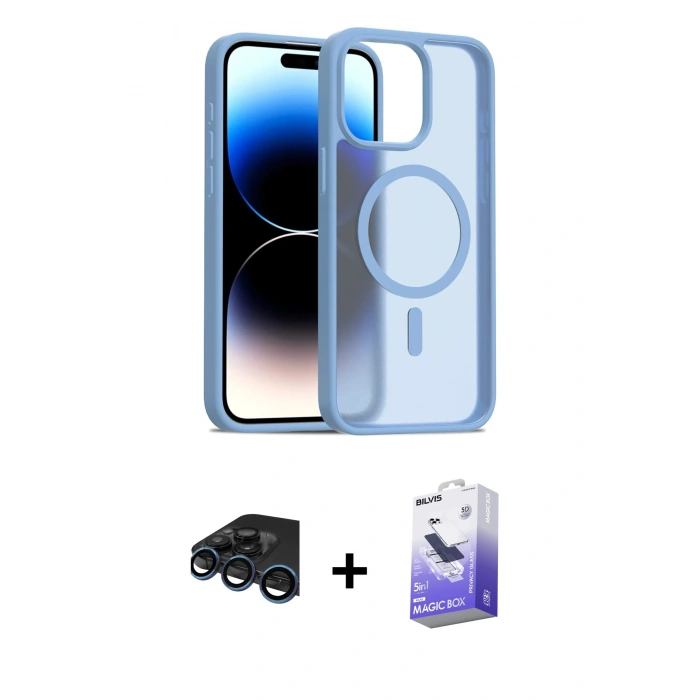 MARSİLYAN™- iPhone 15 Pro Max Kılıf Siluet Minimal Prime - Siyah Bilvis 5in1 5D Magic Hayalet Cam Ekran Koruyucu + Lacivert Raze Metal Kamera Lens