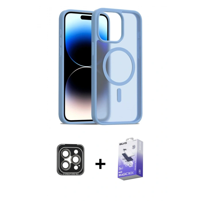 MARSİLYAN™- iPhone 15 Pro Max Kılıf Siluet Minimal Prime - Siyah Bilvis 5in1 5D Magic Hayalet Cam Ekran Koruyucu + PVD Metal Kamera Lens - GI