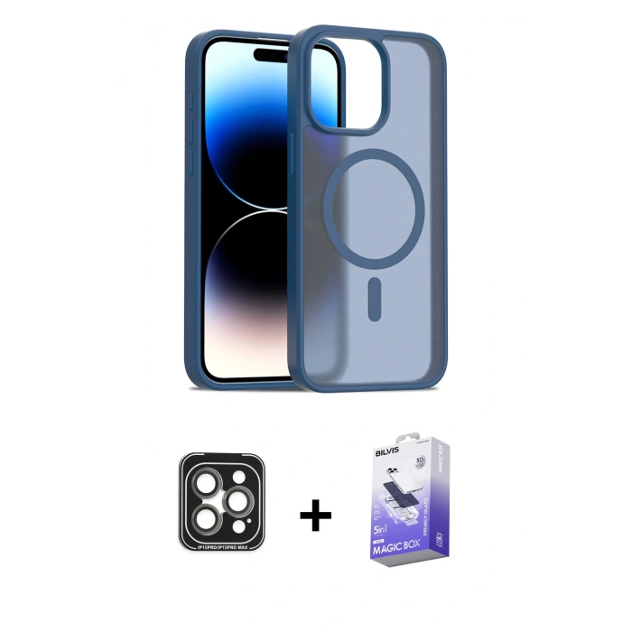 MARSİLYAN™- iPhone 15 Pro Max Kılıf Siluet Minimal Prime - Siyah Bilvis 5in1 5D Magic Hayalet Cam Ekran Koruyucu + PVD Metal Kamera Lens - GI