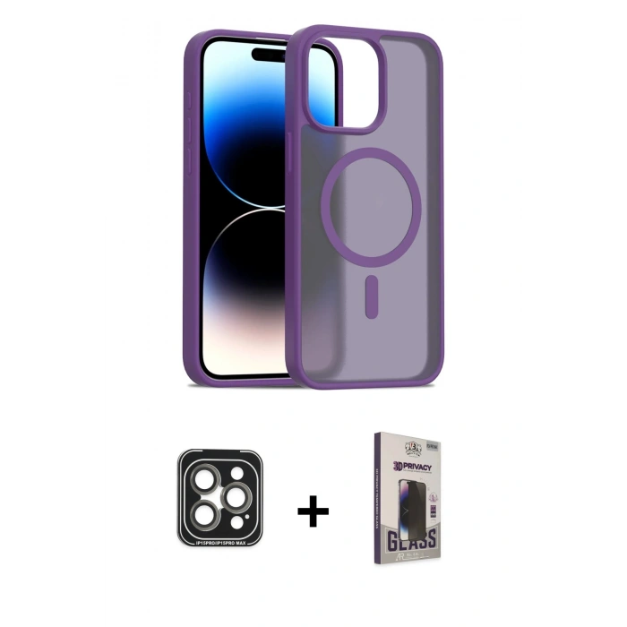 MARSİLYAN™- iPhone 15 Pro Max Kılıf Siluet Minimal Prime - Siyah Bilvis Hayalet Cam Ekran Koruyucu + PVD Metal Kamera Lens - GI