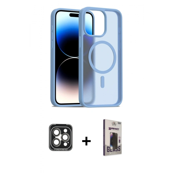 MARSİLYAN™- iPhone 15 Pro Max Kılıf Siluet Minimal Prime - Siyah Bilvis Hayalet Cam Ekran Koruyucu + PVD Metal Kamera Lens - GI