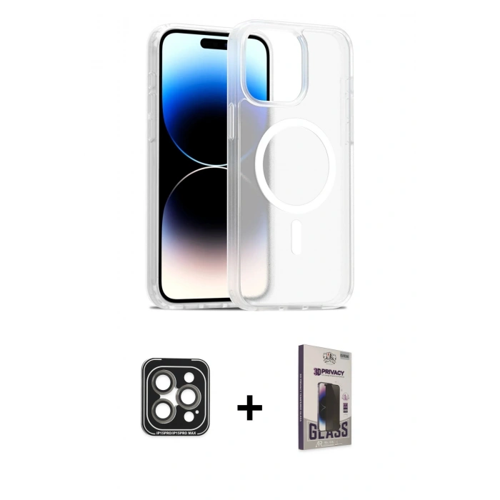 MARSİLYAN™- iPhone 15 Pro Max Kılıf Siluet Minimal Prime - Siyah Bilvis Hayalet Cam Ekran Koruyucu + PVD Metal Kamera Lens - GI