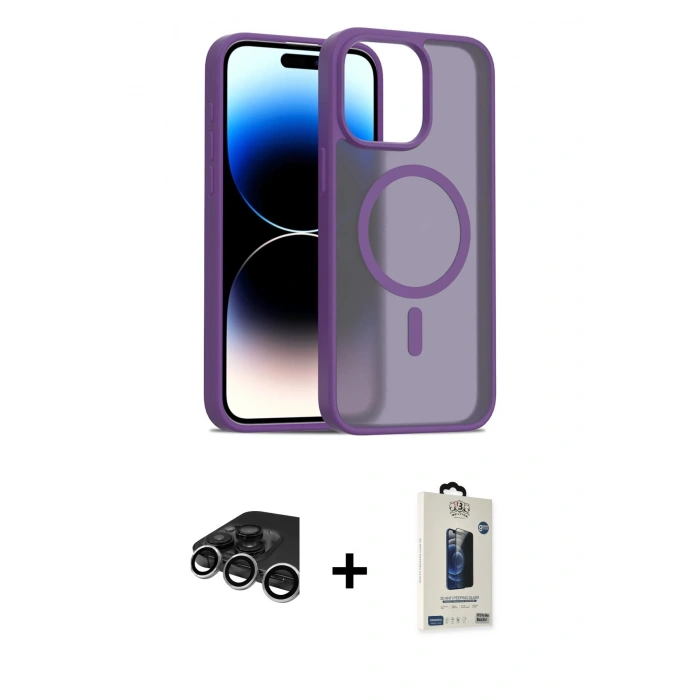 MARSİLYAN™- iPhone 15 Pro Max Kılıf Siluet Minimal Prime - Siyah Bilvis Hayalet Cam Ekran Koruyucu + Raze Metal Kamera Lens - GS