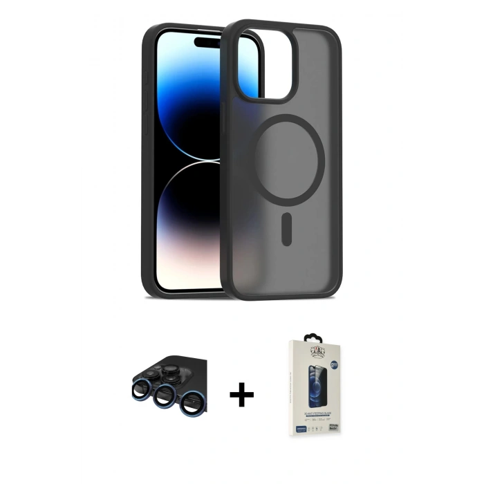 MARSİLYAN™- iPhone 15 Pro Max Kılıf Siluet Minimal Prime - Siyah Bilvis Hayalet Cam Ekran Koruyucu + Raze Metal Kamera Lens - LT