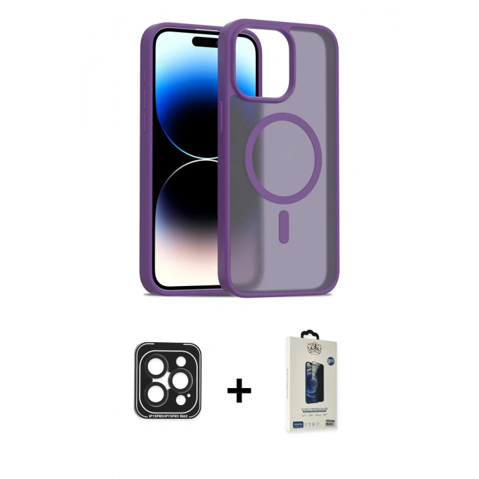 MARSİLYAN™- iPhone 15 Pro Max Kılıf Siluet Minimal Prime - Siyah Bilvis Hayalet Cam Ekran Koruyucu + PVD Metal Kamera Lens - SH