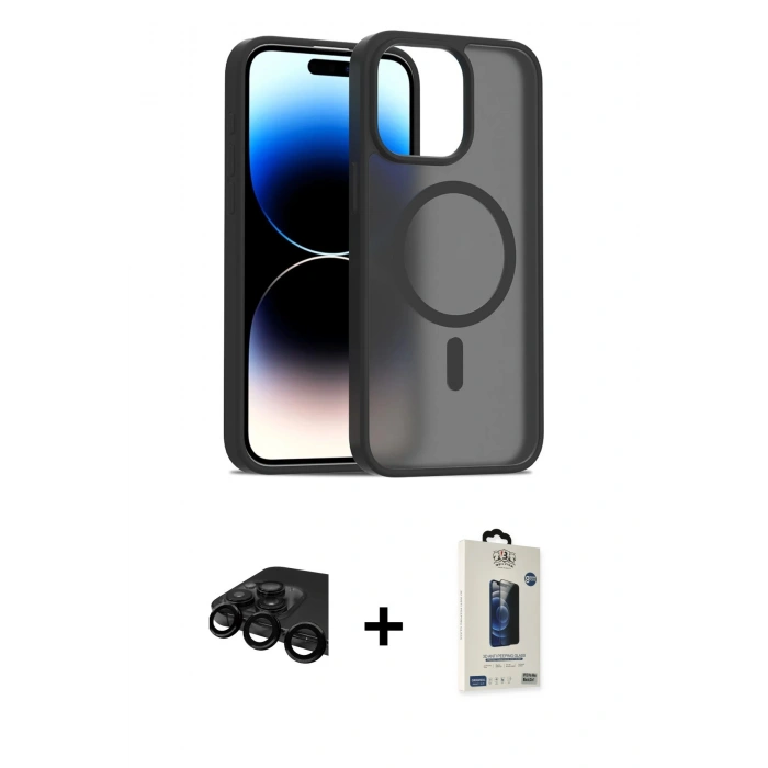 MARSİLYAN™- iPhone 15 Pro Max Kılıf Siluet Minimal Prime - Siyah Bilvis Hayalet Cam Ekran Koruyucu + Raze Metal Kamera Lens - SH