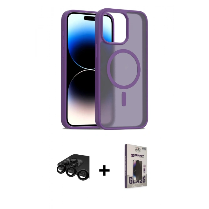MARSİLYAN™- iPhone 15 Pro Max Kılıf Siluet Minimal Prime - Siyah Bilvis Hayalet Cam Ekran Koruyucu + Raze Metal Kamera Lens - SH