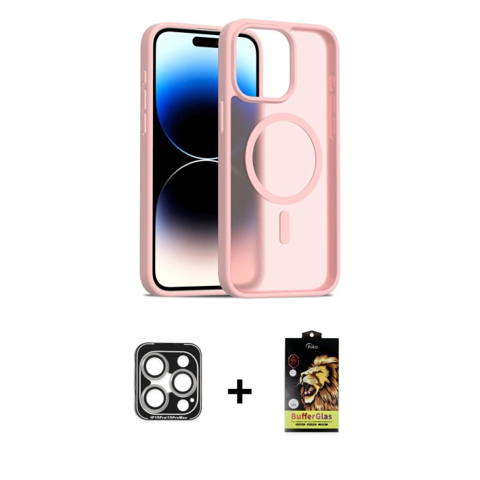 MARSİLYAN™- iPhone 15 Pro Max Kılıf Siluet Minimal Prime - Siyah Buffer Cam Ekran Koruyucu + Gümüş PVD Metal Kamera Lens