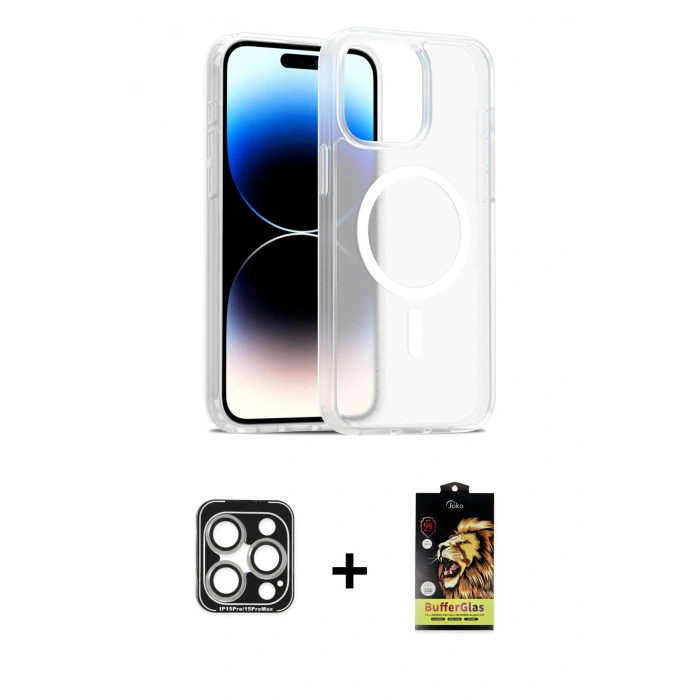 MARSİLYAN™- iPhone 15 Pro Max Kılıf Siluet Minimal Prime - Siyah Buffer Cam Ekran Koruyucu + Gümüş PVD Metal Kamera Lens