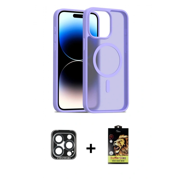 MARSİLYAN™- iPhone 15 Pro Max Kılıf Siluet Minimal Prime - Siyah Buffer Cam Ekran Koruyucu + Lacivert PVD Metal Kamera Lens