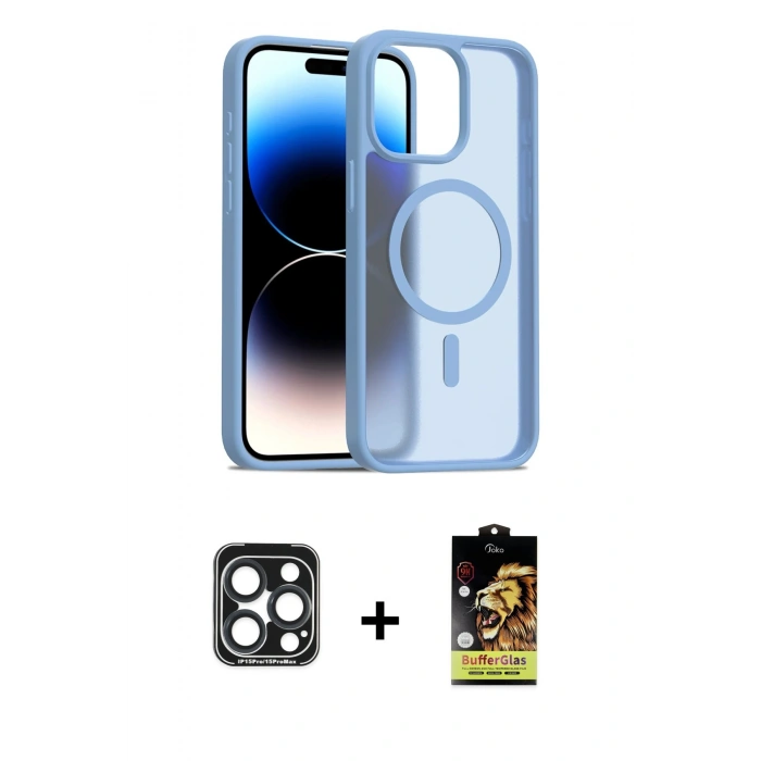 MARSİLYAN™- iPhone 15 Pro Max Kılıf Siluet Minimal Prime - Siyah Buffer Cam Ekran Koruyucu + Lacivert PVD Metal Kamera Lens