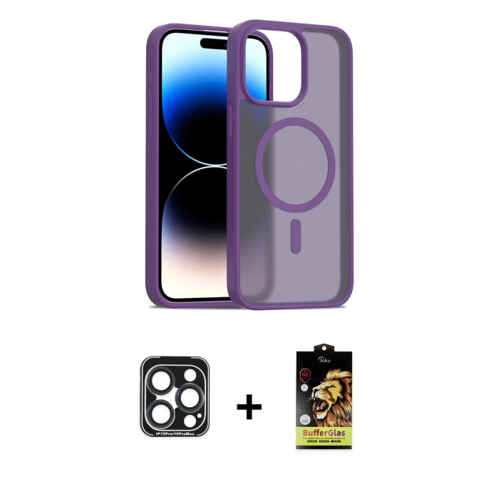 MARSİLYAN™- iPhone 15 Pro Max Kılıf Siluet Minimal Prime - Siyah Buffer Cam Ekran Koruyucu + Lacivert PVD Metal Kamera Lens