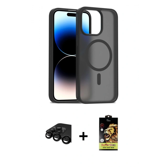 MARSİLYAN™- iPhone 15 Pro Max Kılıf Siluet Minimal Prime - Siyah Buffer Cam Ekran Koruyucu + Siyah Raze Metal Kamera Lens