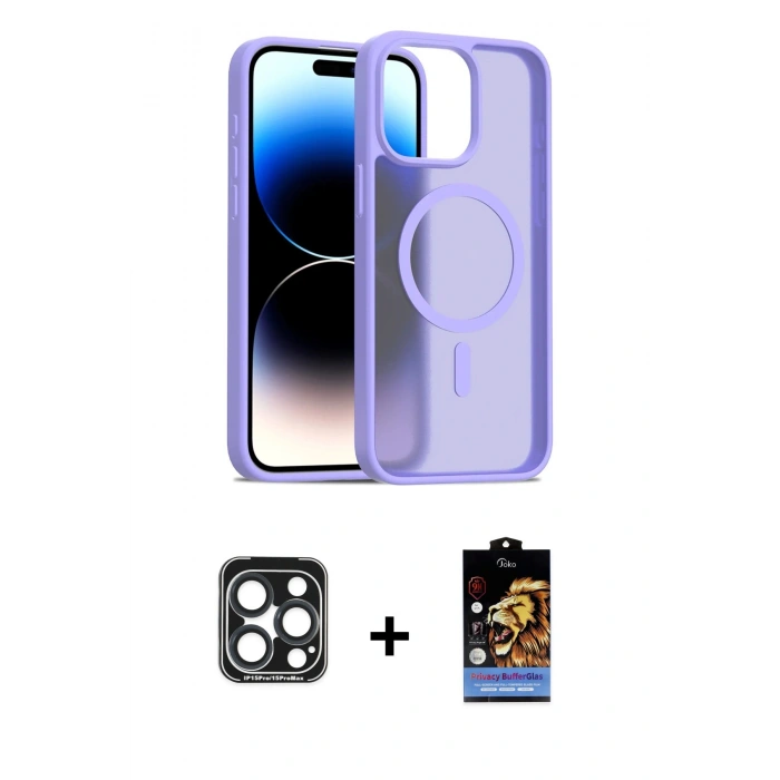 MARSİLYAN™- iPhone 15 Pro Max Kılıf Siluet Minimal Prime - Siyah Buffer Hayalet Cam Ekran Koruyucu + PVD Metal Kamera Lens - LT
