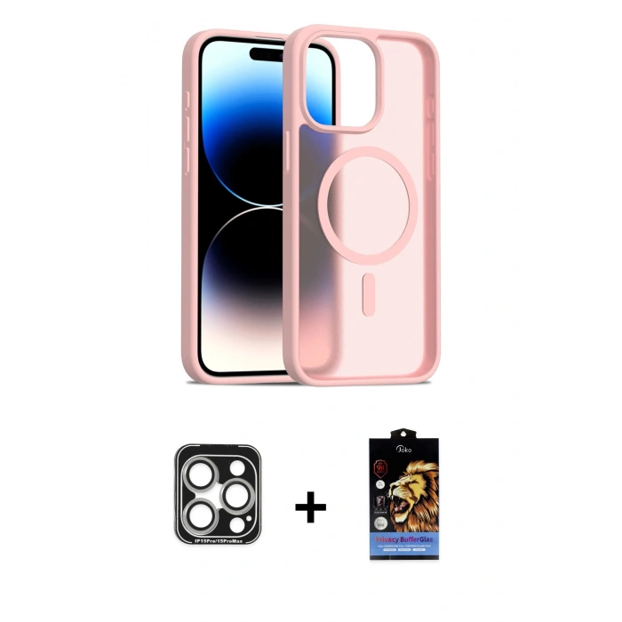 MARSİLYAN™- iPhone 15 Pro Max Kılıf Siluet Minimal Prime - Siyah Buffer Hayalet Cam Ekran Koruyucu + PVD Metal Kamera Lens - GS