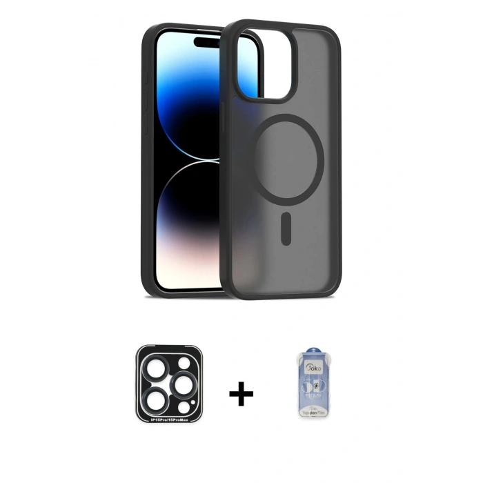MARSİLYAN™- iPhone 15 Pro Max Kılıf Siluet Minimal Prime - Siyah Joko Magic 5D Cam + PVD Metal Kamera Lens - LT