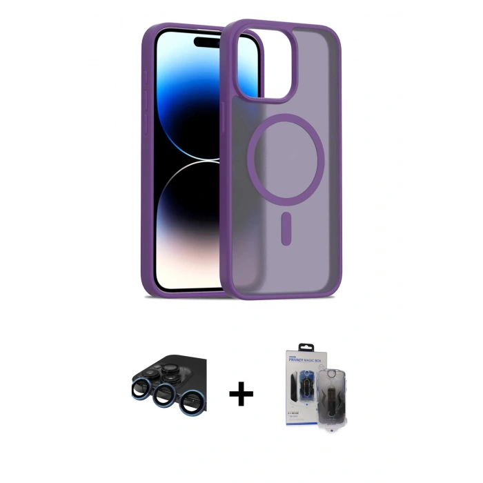 MARSİLYAN™- iPhone 15 Pro Max Kılıf Siluet Minimal Prime - Siyah Vanessa Magic Hayalet Cam + Raze Metal Kamera Lens - LT