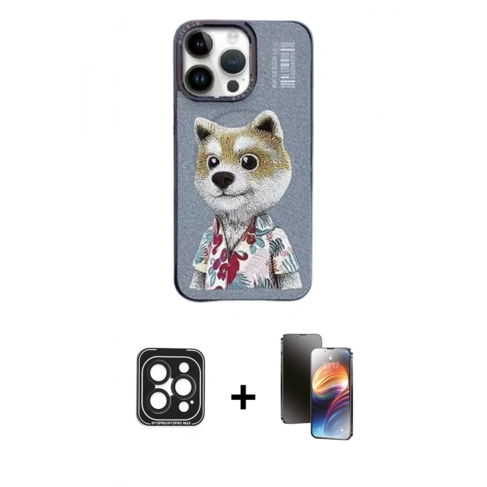MARSİLYAN™- iPhone 15 Pro Max Kılıf Siluet Modern Özel Seri - Siyah 3D Antistatik Mat Seramik Nano Ekran Koruyucu + PVD Metal Kamera Lens - SH