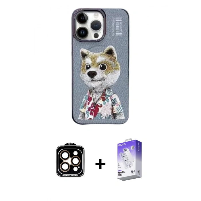MARSİLYAN™- iPhone 15 Pro Max Kılıf Siluet Modern Özel Seri - Siyah Bilvis 5in1 3D Magic Cam Ekran Koruyucu + Turuncu PVD Metal Kamera Lens