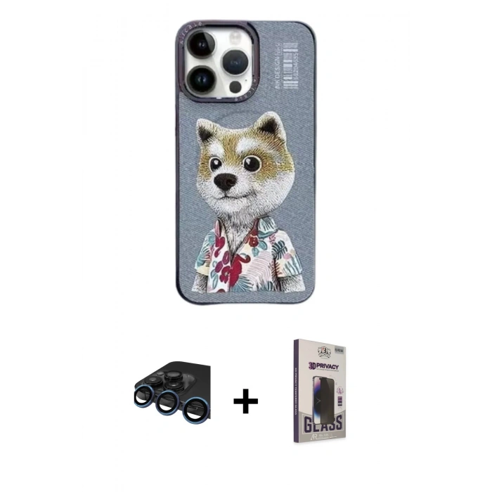 MARSİLYAN™- iPhone 15 Pro Max Kılıf Siluet Modern Özel Seri - Siyah Bilvis Hayalet Cam Ekran Koruyucu + Lacivert Raze Metal Kamera Lens