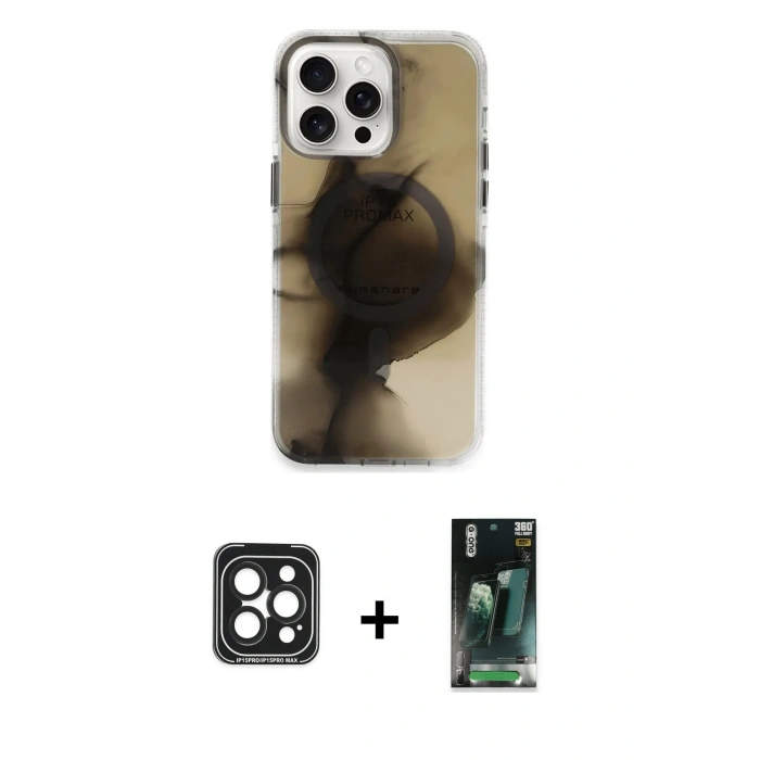 MARSİLYAN™- iPhone 15 Pro Max Kılıf Ufuk Doku Prime - Şeffaf 360 Full Body Arka Koruyucu + PVD Metal Kamera Lens - SH