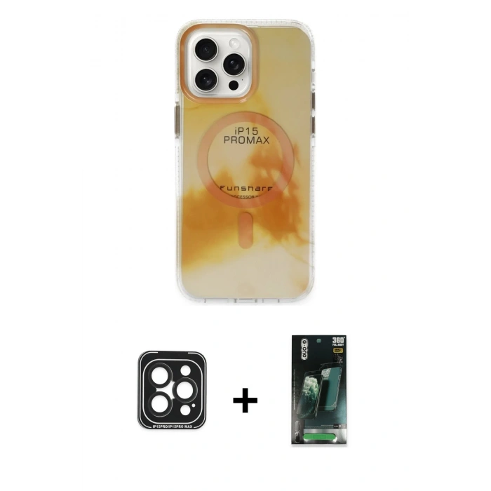 MARSİLYAN™- iPhone 15 Pro Max Kılıf Ufuk Doku Prime - Şeffaf 360 Full Body Arka Koruyucu + PVD Metal Kamera Lens - SH