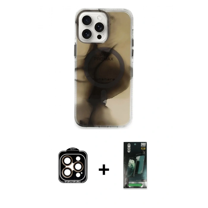 MARSİLYAN™- iPhone 15 Pro Max Kılıf Ufuk Doku Prime - Şeffaf 360 Full Body Arka Koruyucu + PVD Metal Kamera Lens - TU