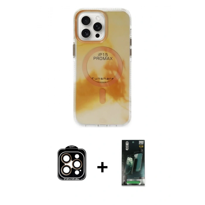 MARSİLYAN™- iPhone 15 Pro Max Kılıf Ufuk Doku Prime - Şeffaf 360 Full Body Arka Koruyucu + PVD Metal Kamera Lens - TU