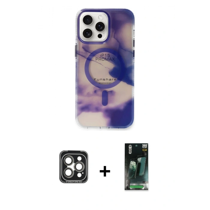 MARSİLYAN™- iPhone 15 Pro Max Kılıf Ufuk Doku Prime - Siyah 360 Mat Full Body Arka Koruyucu + PVD Metal Kamera Lens - GI