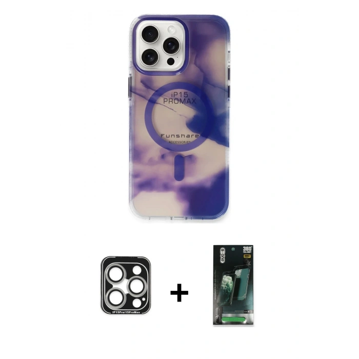 MARSİLYAN™- iPhone 15 Pro Max Kılıf Ufuk Doku Prime - Siyah 360 Mat Full Body Arka Koruyucu + PVD Metal Kamera Lens - GS
