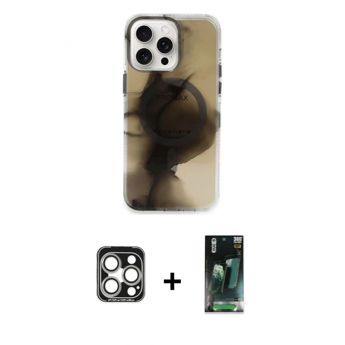 MARSİLYAN™- iPhone 15 Pro Max Kılıf Ufuk Doku Prime - Siyah 360 Mat Full Body Arka Koruyucu + PVD Metal Kamera Lens - GS