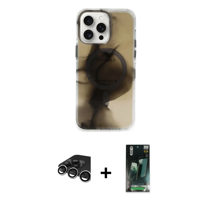 MARSİLYAN™- iPhone 15 Pro Max Kılıf Ufuk Doku Prime - Siyah 360 Mat Full Body Arka Koruyucu + Gümüş Raze Metal Kamera Lens