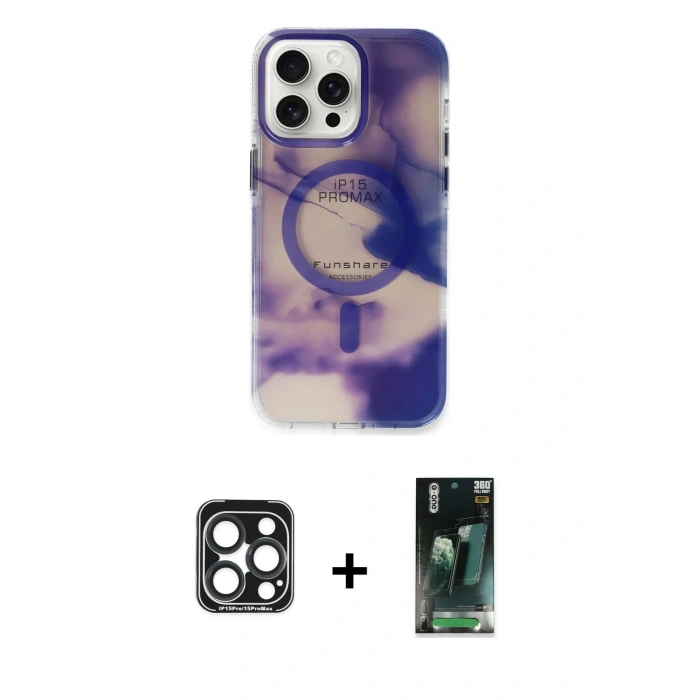 MARSİLYAN™- iPhone 15 Pro Max Kılıf Ufuk Doku Prime - Siyah 360 Mat Full Body Arka Koruyucu + PVD Metal Kamera Lens - LT