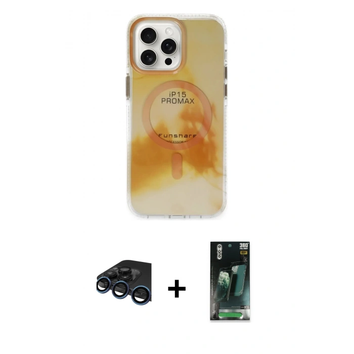 MARSİLYAN™- iPhone 15 Pro Max Kılıf Ufuk Doku Prime - Siyah 360 Mat Full Body Arka Koruyucu + Raze Metal Kamera Lens - LT