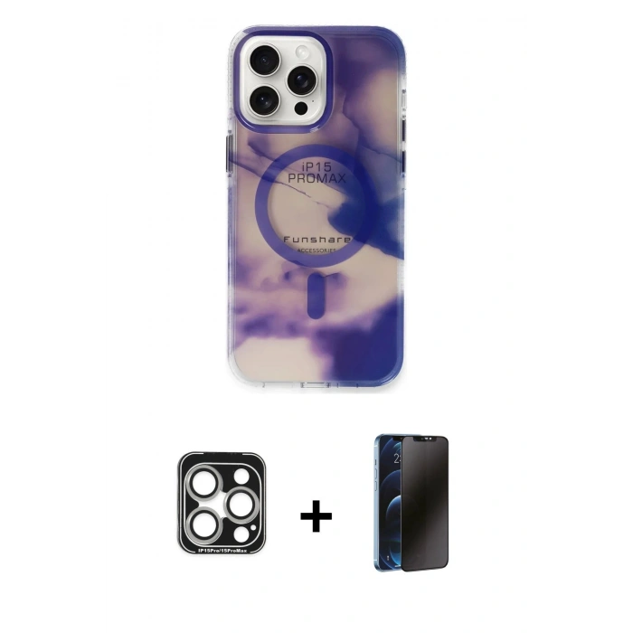 MARSİLYAN™- iPhone 15 Pro Max Kılıf Ufuk Doku Prime - Siyah 3D Antistatik Hayalet Cam Ekran Koruyucu + PVD Metal Kamera Lens - GS