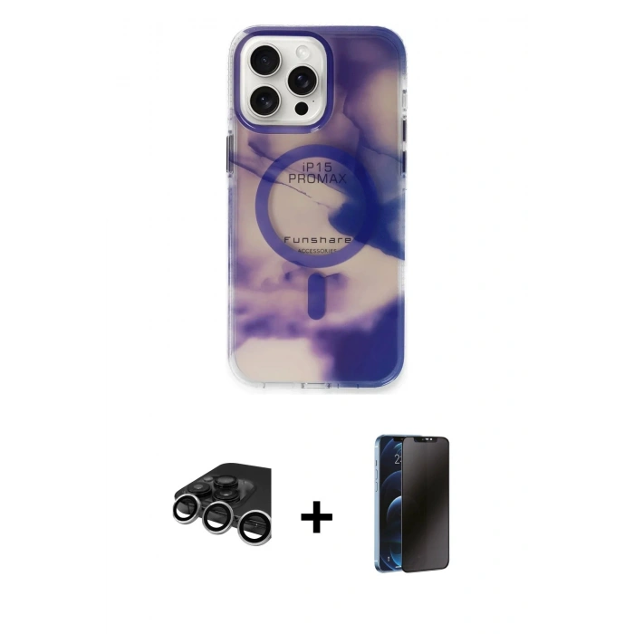MARSİLYAN™- iPhone 15 Pro Max Kılıf Ufuk Doku Prime - Siyah 3D Antistatik Hayalet Cam Ekran Koruyucu + Raze Metal Kamera Lens - GS