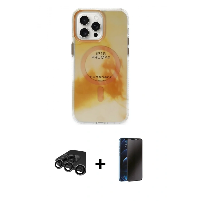 MARSİLYAN™- iPhone 15 Pro Max Kılıf Ufuk Doku Prime - Siyah 3D Antistatik Hayalet Cam Ekran Koruyucu + Raze Metal Kamera Lens - TMGI