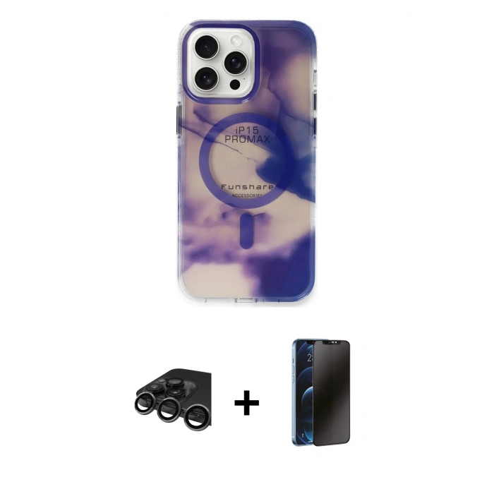 MARSİLYAN™- iPhone 15 Pro Max Kılıf Ufuk Doku Prime - Siyah 3D Antistatik Hayalet Cam Ekran Koruyucu + Raze Metal Kamera Lens - TMGI